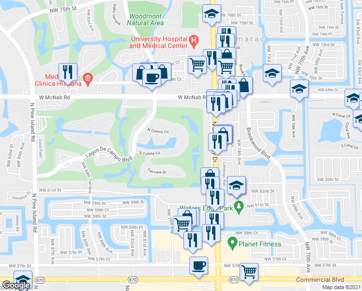 map of restaurants, bars, coffee shops, grocery stores, and more near 7910 North Colony Circle in Tamarac