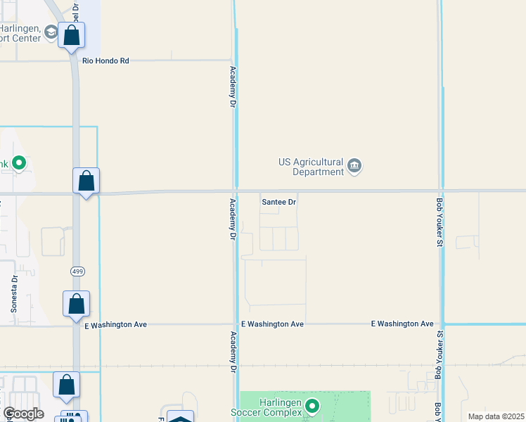 map of restaurants, bars, coffee shops, grocery stores, and more near Grimes Avenue in Harlingen