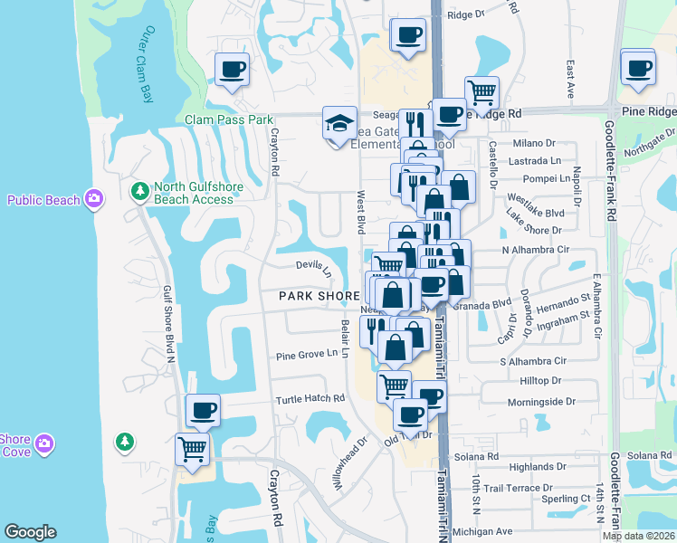 map of restaurants, bars, coffee shops, grocery stores, and more near 527 Devils Lane in Naples