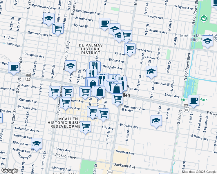 map of restaurants, bars, coffee shops, grocery stores, and more near 104 North 12th Street in McAllen