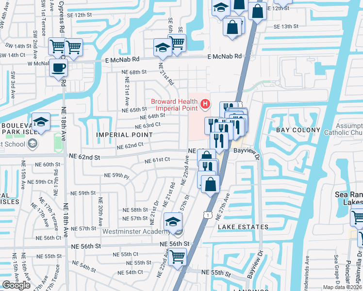 map of restaurants, bars, coffee shops, grocery stores, and more near 2200 Northeast 62nd Court in Fort Lauderdale