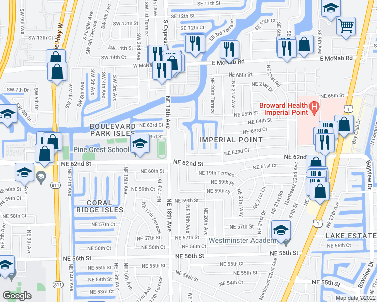 map of restaurants, bars, coffee shops, grocery stores, and more near 6261 Northeast 19th Terrace in Fort Lauderdale