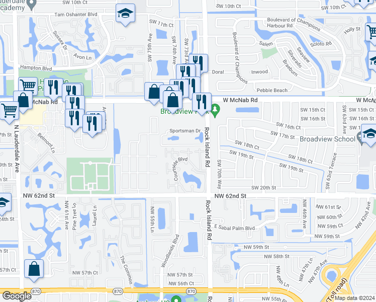 map of restaurants, bars, coffee shops, grocery stores, and more near 7124 Sportsman Drive in North Lauderdale