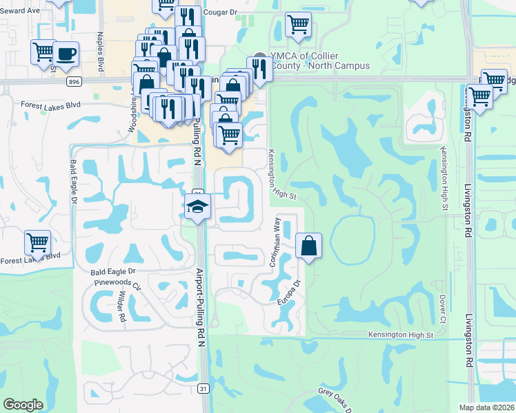map of restaurants, bars, coffee shops, grocery stores, and more near 4971 Rustic Oaks Circle in Naples