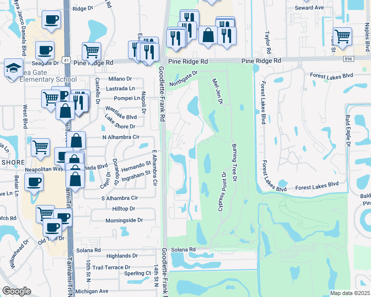 map of restaurants, bars, coffee shops, grocery stores, and more near 132 Moorings Park Drive in Naples