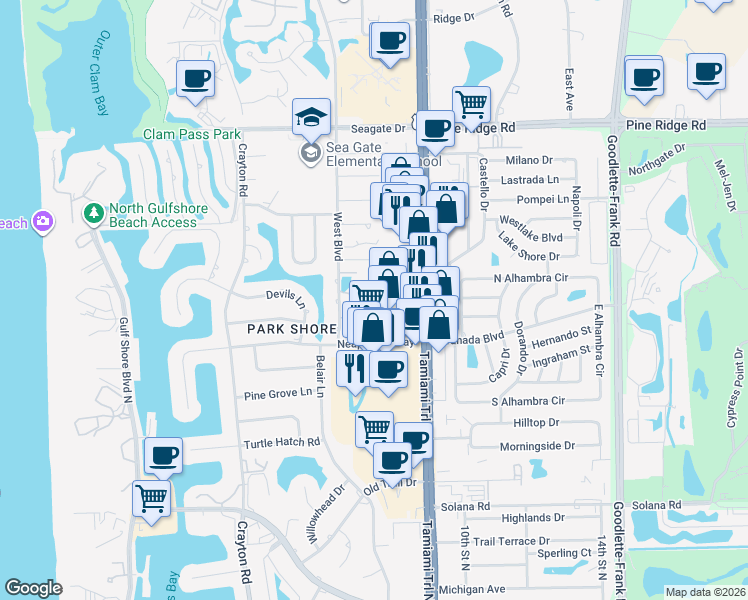 map of restaurants, bars, coffee shops, grocery stores, and more near 4780 West Boulevard in Naples