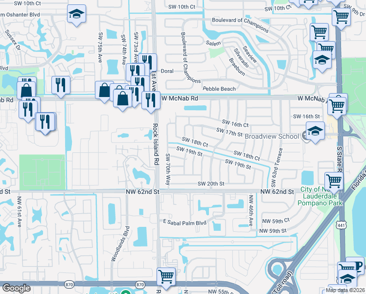 map of restaurants, bars, coffee shops, grocery stores, and more near 6960 Southwest 18th Court in Pompano Beach