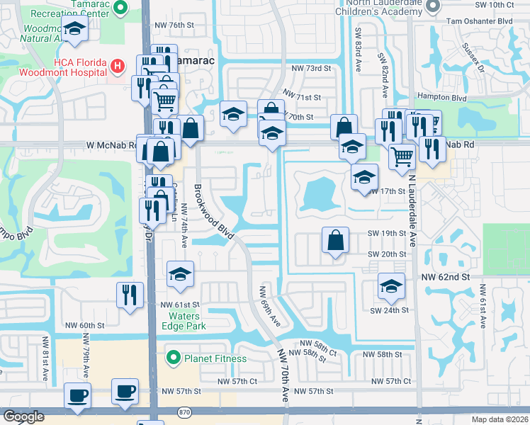 map of restaurants, bars, coffee shops, grocery stores, and more near 6531 Northwest 70th Avenue in Tamarac