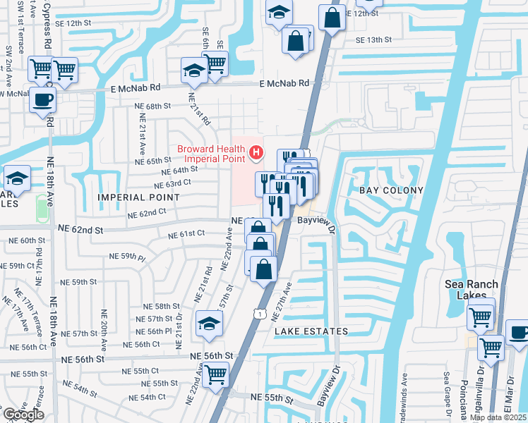 map of restaurants, bars, coffee shops, grocery stores, and more near 2260 Northeast 62nd Court in Fort Lauderdale