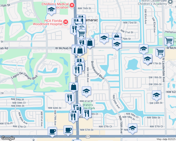 map of restaurants, bars, coffee shops, grocery stores, and more near 12590 Northwest 65th Street in Tamarac