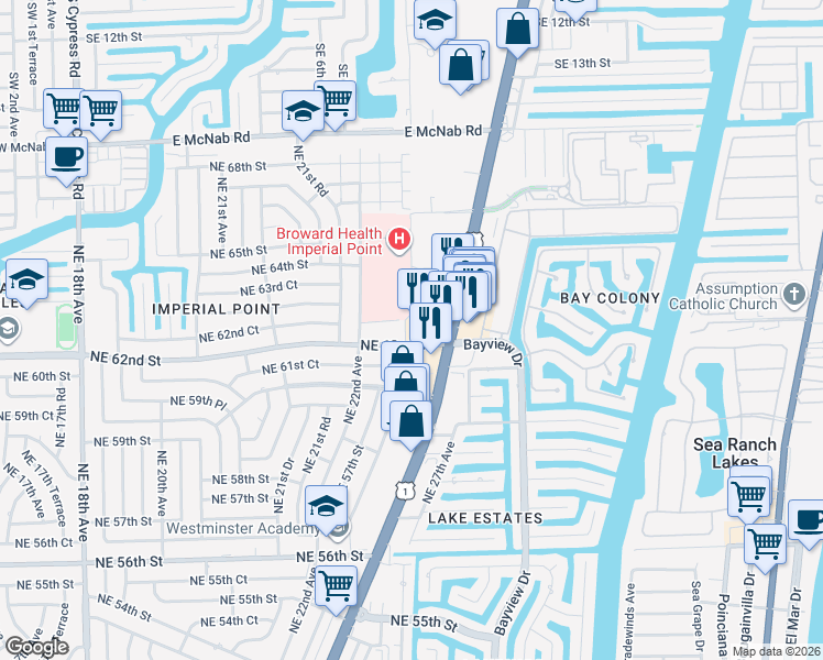 map of restaurants, bars, coffee shops, grocery stores, and more near 2260 Northeast 62nd Court in Fort Lauderdale
