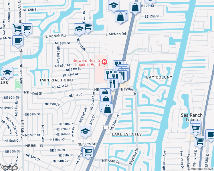 map of restaurants, bars, coffee shops, grocery stores, and more near 2260 Northeast 62nd Court in Fort Lauderdale