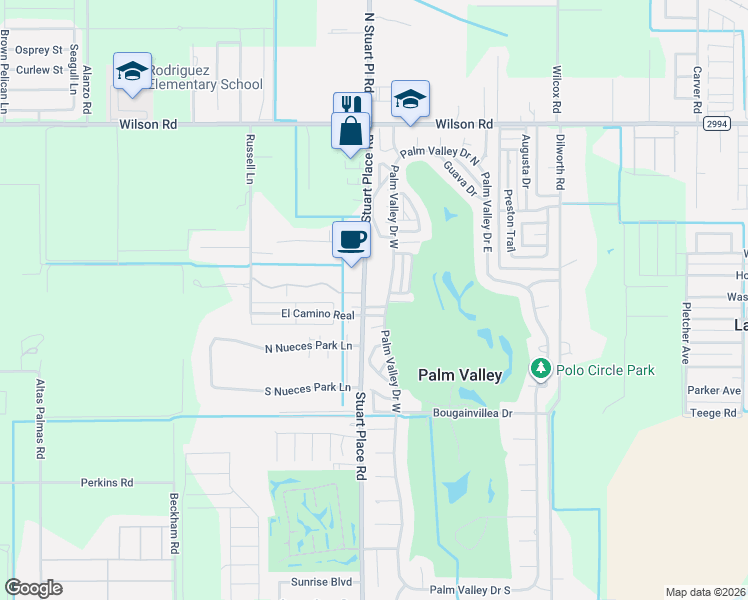 map of restaurants, bars, coffee shops, grocery stores, and more near 1411 Stuart Place Road in Harlingen