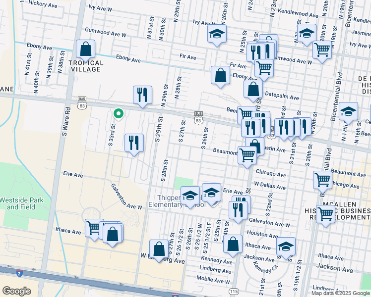 map of restaurants, bars, coffee shops, grocery stores, and more near 2636 Beaumont Avenue in McAllen
