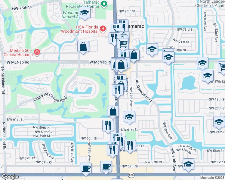 map of restaurants, bars, coffee shops, grocery stores, and more near 6451 North University Drive in Tamarac