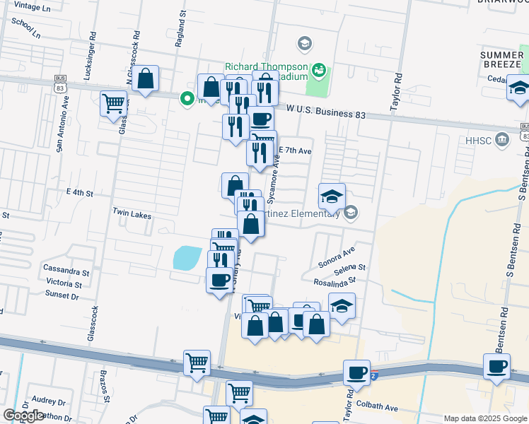 map of restaurants, bars, coffee shops, grocery stores, and more near 405 Sycamore Avenue in Mission