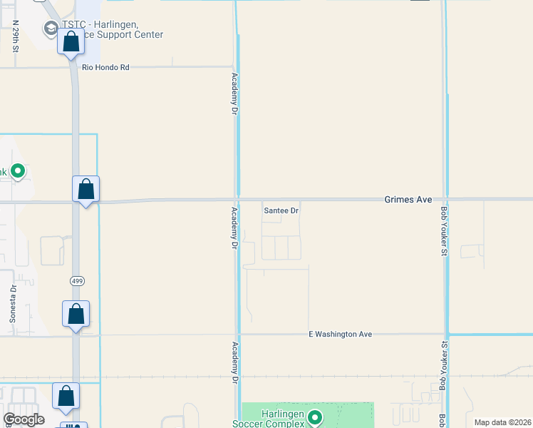 map of restaurants, bars, coffee shops, grocery stores, and more near Grimes Avenue in Harlingen