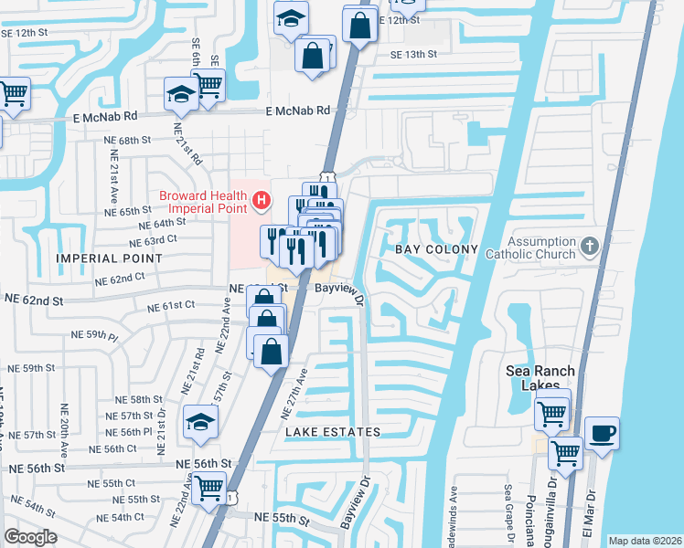map of restaurants, bars, coffee shops, grocery stores, and more near 6208 North Federal Highway in Fort Lauderdale