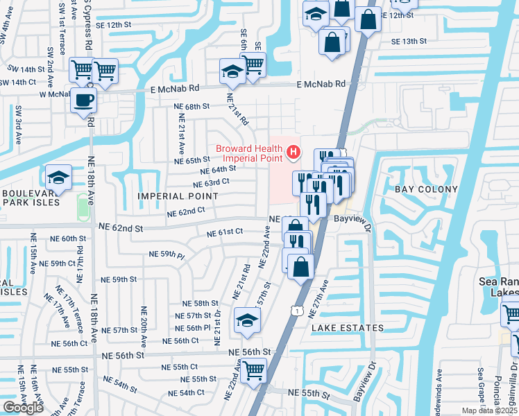 map of restaurants, bars, coffee shops, grocery stores, and more near 2200 Northeast 62nd Court in Fort Lauderdale