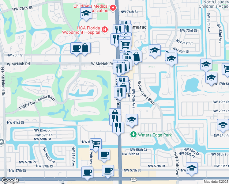 map of restaurants, bars, coffee shops, grocery stores, and more near 6451 North University Drive in Tamarac