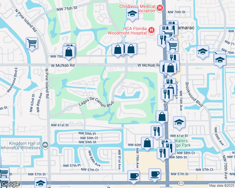 map of restaurants, bars, coffee shops, grocery stores, and more near 8040 North Colony Circle in Tamarac