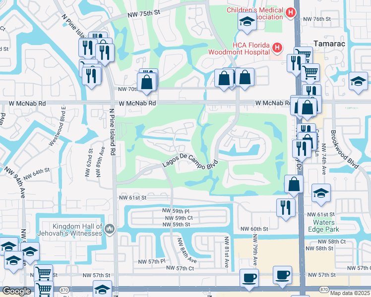 map of restaurants, bars, coffee shops, grocery stores, and more near 8301 Sands Point Boulevard in Tamarac