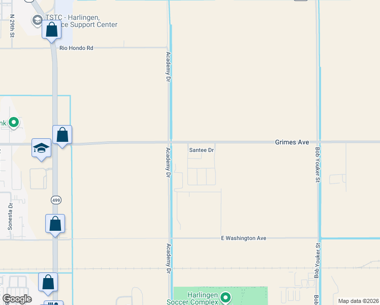 map of restaurants, bars, coffee shops, grocery stores, and more near Grimes Avenue in Harlingen