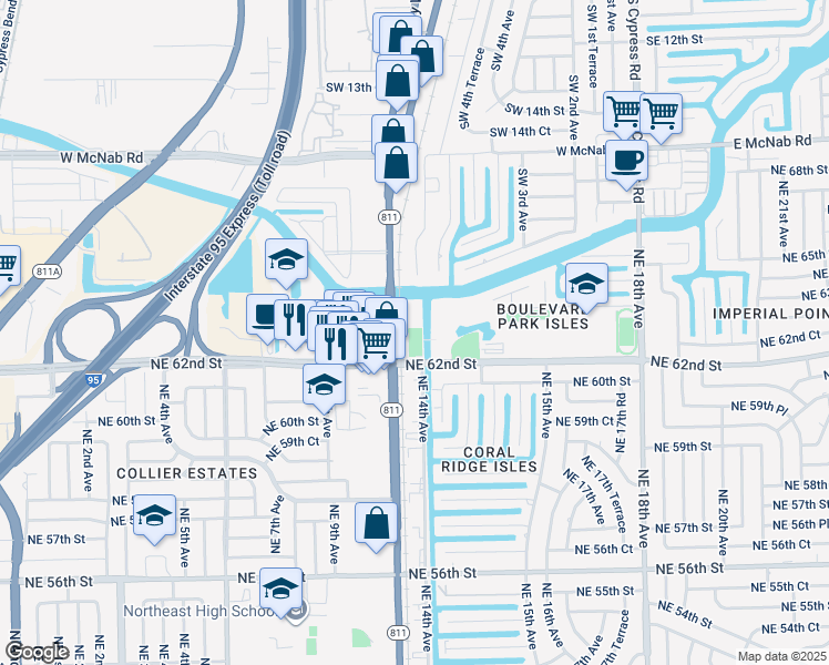 map of restaurants, bars, coffee shops, grocery stores, and more near 1501 Northeast 62nd Street in Fort Lauderdale