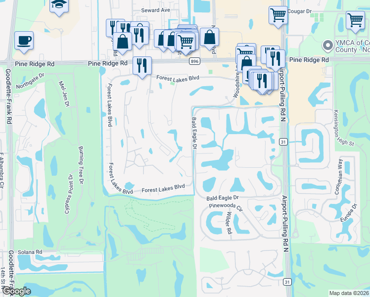 map of restaurants, bars, coffee shops, grocery stores, and more near 940 Woodshire Lane in Naples