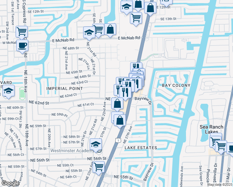 map of restaurants, bars, coffee shops, grocery stores, and more near 2260 Northeast 62nd Court in Fort Lauderdale
