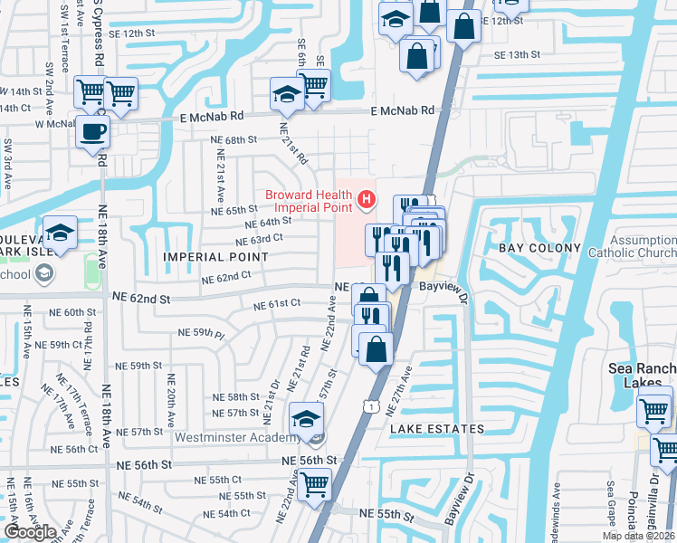 map of restaurants, bars, coffee shops, grocery stores, and more near 2200 Northeast 62nd Court in Fort Lauderdale