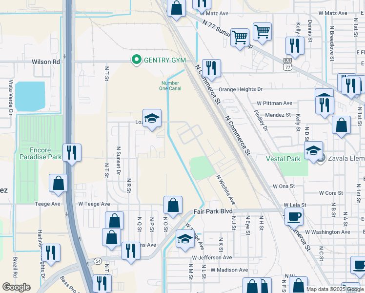 map of restaurants, bars, coffee shops, grocery stores, and more near 1417 Basin Street in Harlingen