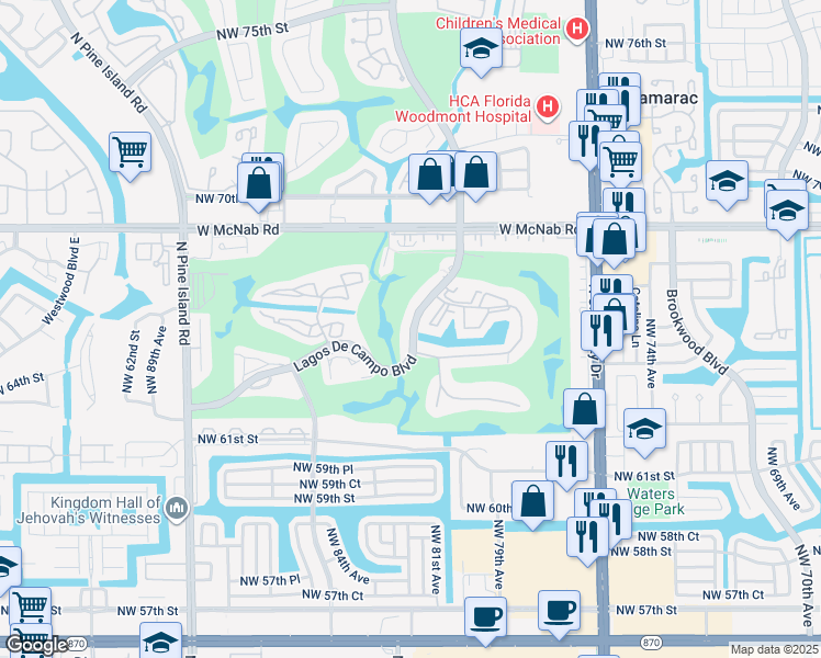 map of restaurants, bars, coffee shops, grocery stores, and more near 8040 North Colony Circle in Tamarac