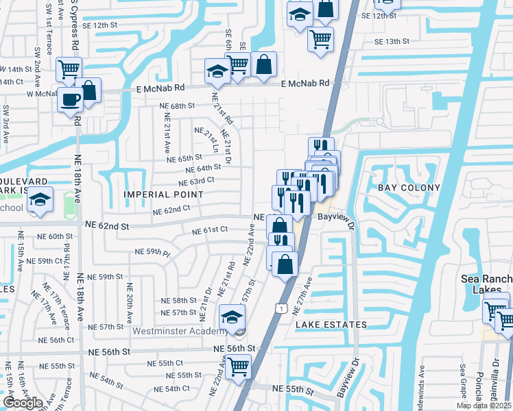 map of restaurants, bars, coffee shops, grocery stores, and more near 2200 Northeast 62nd Court in Fort Lauderdale