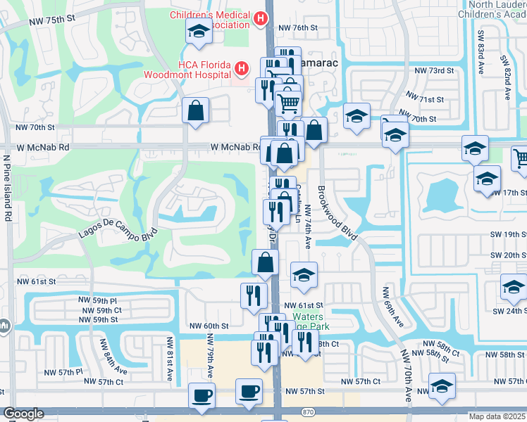 map of restaurants, bars, coffee shops, grocery stores, and more near 6451 North University Drive in Tamarac
