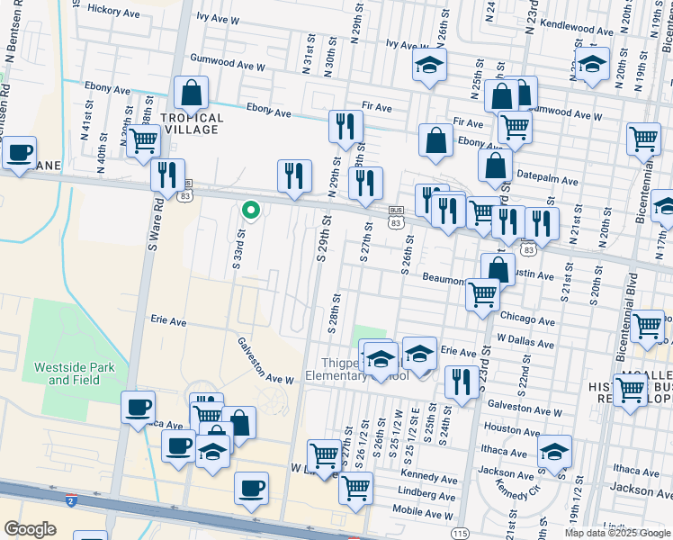 map of restaurants, bars, coffee shops, grocery stores, and more near 204 South 28th Street in McAllen
