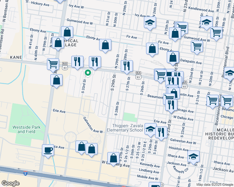 map of restaurants, bars, coffee shops, grocery stores, and more near 204 South 28th Street in McAllen