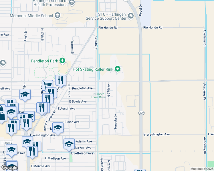 map of restaurants, bars, coffee shops, grocery stores, and more near 1138-1198 North 27th Street in Harlingen