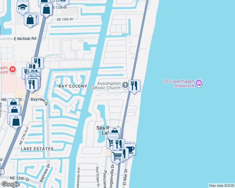 map of restaurants, bars, coffee shops, grocery stores, and more near 5555 North Ocean Boulevard in Lauderdale-by-the-Sea