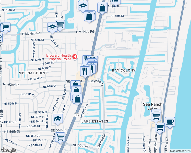 map of restaurants, bars, coffee shops, grocery stores, and more near 6208 North Federal Highway in Fort Lauderdale