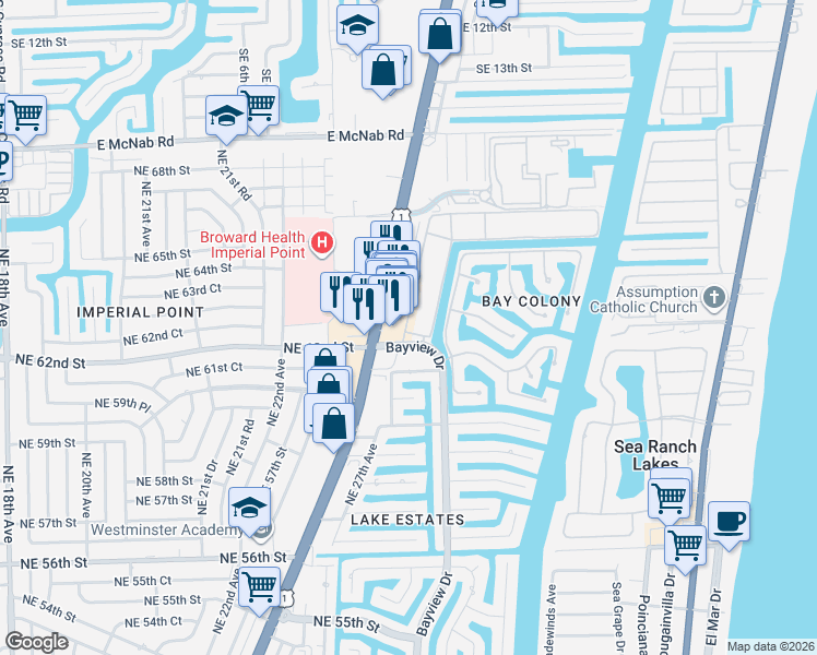 map of restaurants, bars, coffee shops, grocery stores, and more near 6208 North Federal Highway in Fort Lauderdale