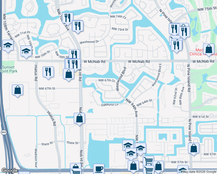 map of restaurants, bars, coffee shops, grocery stores, and more near 6618 Northwest 96th Terrace in Tamarac