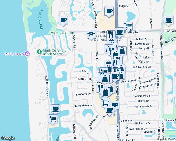 map of restaurants, bars, coffee shops, grocery stores, and more near 527 Devils Lane in Naples