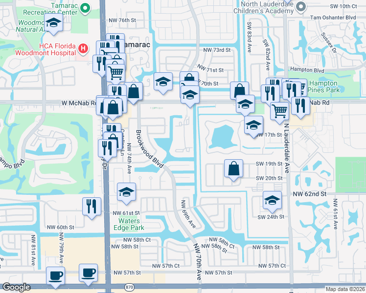 map of restaurants, bars, coffee shops, grocery stores, and more near 6531 Northwest 70th Avenue in Tamarac
