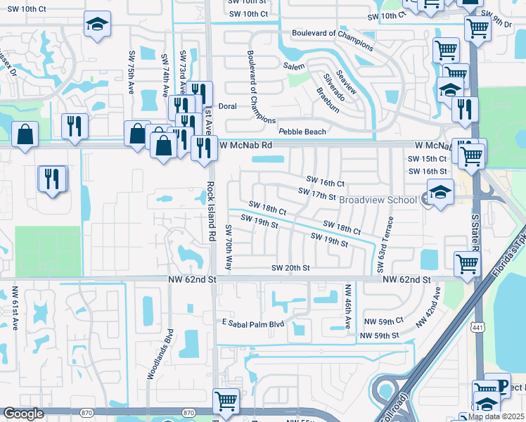 map of restaurants, bars, coffee shops, grocery stores, and more near 6900 Southwest 18th Court in Pompano Beach