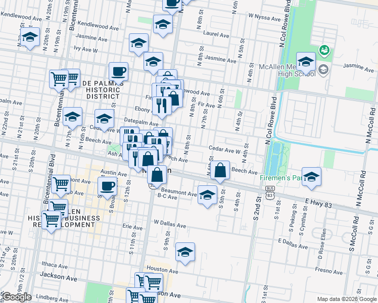 map of restaurants, bars, coffee shops, grocery stores, and more near 210 North 8th Street in McAllen