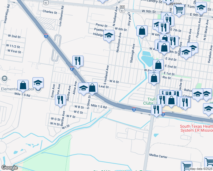map of restaurants, bars, coffee shops, grocery stores, and more near 215 South Holland Avenue in Mission
