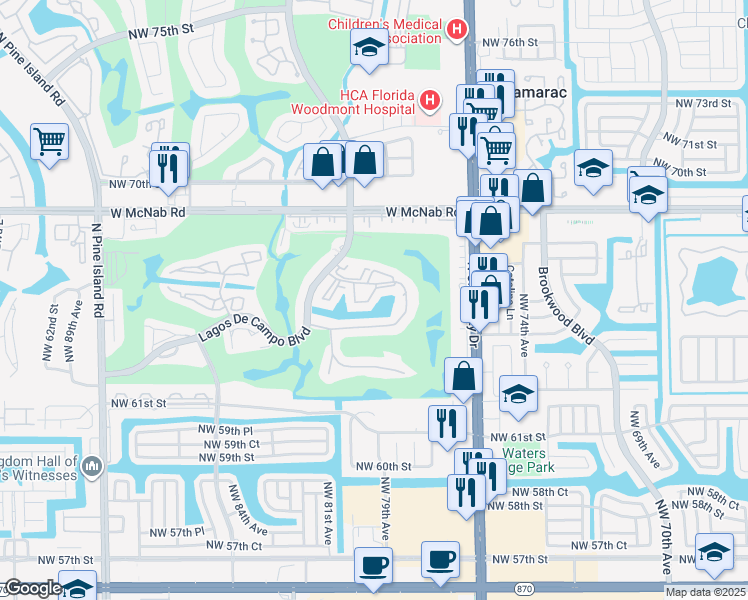 map of restaurants, bars, coffee shops, grocery stores, and more near 7910 North Colony Circle in Tamarac