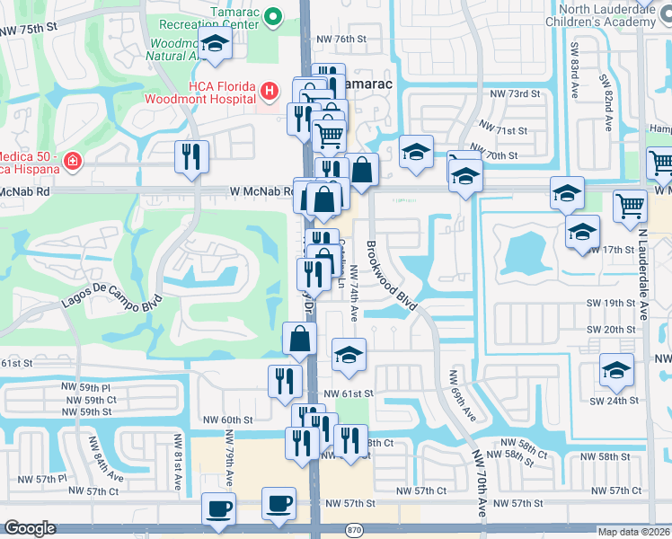 map of restaurants, bars, coffee shops, grocery stores, and more near 6530 North University Drive in Tamarac