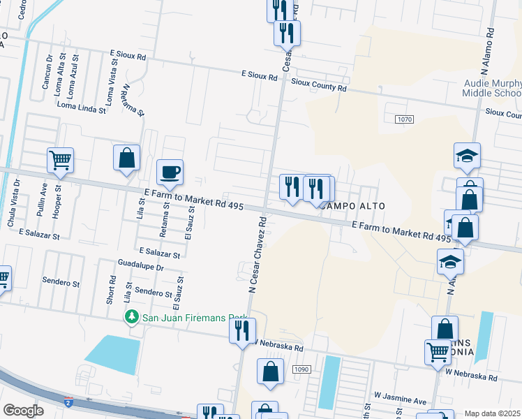map of restaurants, bars, coffee shops, grocery stores, and more near 1101 East Farm to Market Road 495 in San Juan